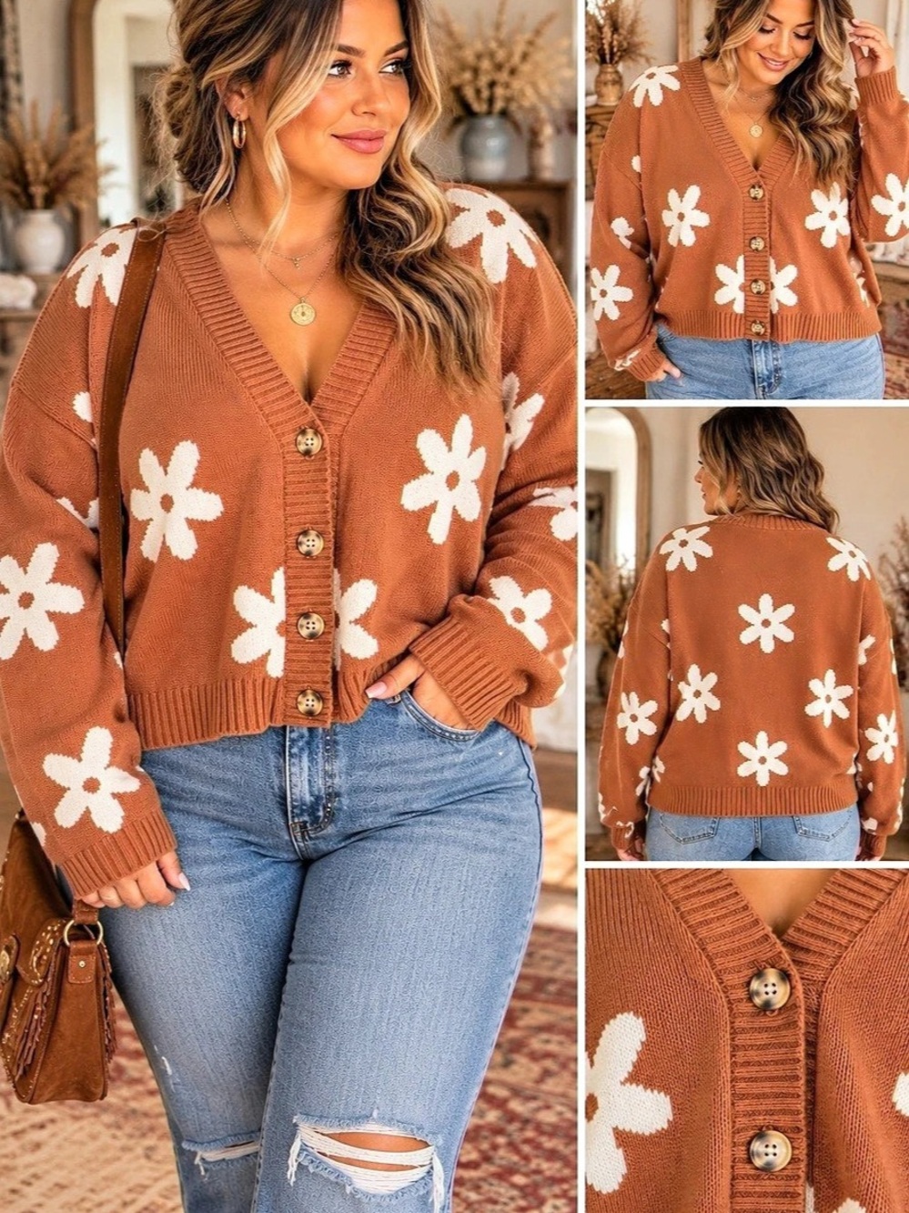 Pink Lily Fresh As A Daisy Cardigan Floral Cardigan Brown & White